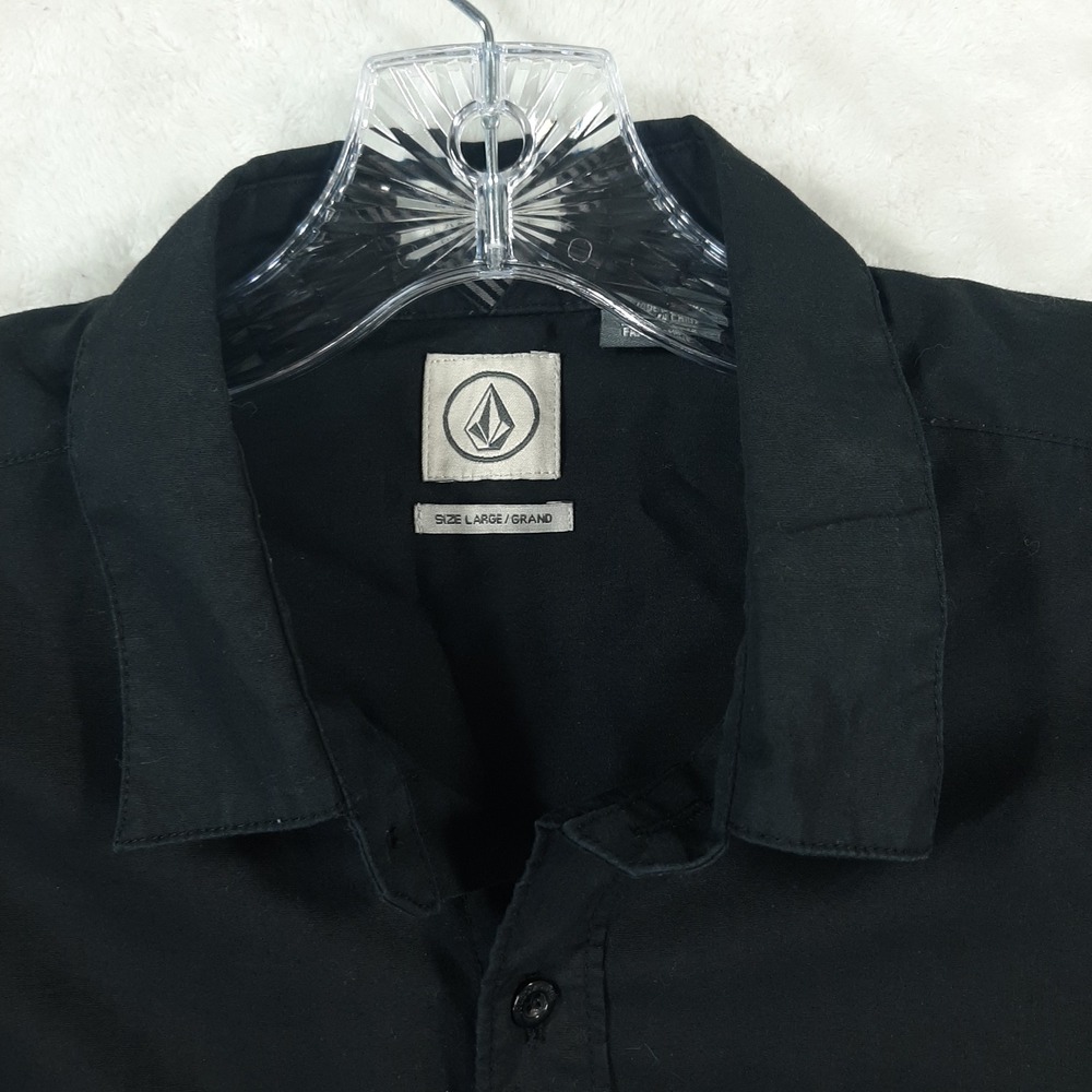 Volcom Mens Long Sleeve Button Down Shirt Black Large Solid Pocket Stone Logo